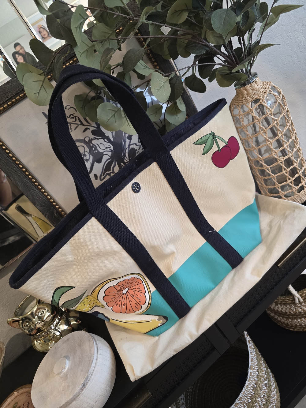 Tory Burch Penn Aplique Fruits XL Tote Bag Colorblock Canvas